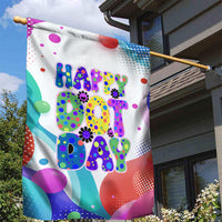 Happy Dot Day Garden Flag Colorful Swirling Polka Dots and Whimsical Smiley Flowers