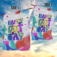 Happy Dot Day Garden Flag Colorful Swirling Polka Dots and Whimsical Smiley Flowers