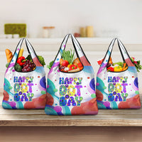 Happy Dot Day Grocery Bag Colorful Swirling Polka Dots and Whimsical Smiley Flowers