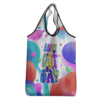 Happy Dot Day Grocery Bag Colorful Swirling Polka Dots and Whimsical Smiley Flowers