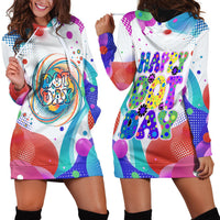 Happy Dot Day Hoodie Dress Colorful Swirling Polka Dots and Whimsical Smiley Flowers