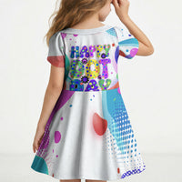 Happy Dot Day Kid Short Sleeve Dress Colorful Swirling Polka Dots and Whimsical Smiley Flowers