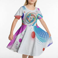 Happy Dot Day Kid Short Sleeve Dress Colorful Swirling Polka Dots and Whimsical Smiley Flowers