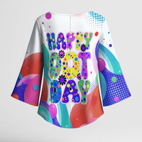 Happy Dot Day Kimono Sleeve Blouse Colorful Swirling Polka Dots and Whimsical Smiley Flowers