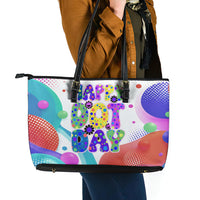 Happy Dot Day Leather Tote Bag Colorful Swirling Polka Dots and Whimsical Smiley Flowers