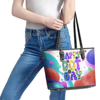 Happy Dot Day Leather Tote Bag Colorful Swirling Polka Dots and Whimsical Smiley Flowers