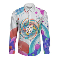 Happy Dot Day Long Sleeve Button Shirt Colorful Swirling Polka Dots and Whimsical Smiley Flowers