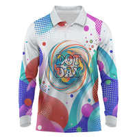 Happy Dot Day Long Sleeve Polo Shirt Colorful Swirling Polka Dots and Whimsical Smiley Flowers