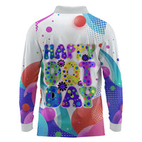Happy Dot Day Long Sleeve Polo Shirt Colorful Swirling Polka Dots and Whimsical Smiley Flowers