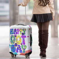 Happy Dot Day Luggage Cover Colorful Swirling Polka Dots and Whimsical Smiley Flowers