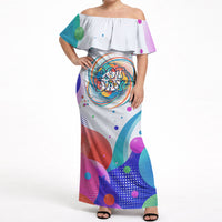 Happy Dot Day Off Shoulder Maxi Dress Colorful Swirling Polka Dots and Whimsical Smiley Flowers