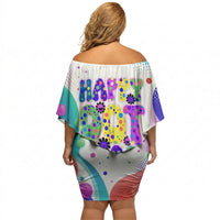 Happy Dot Day Off Shoulder Short Dress Colorful Swirling Polka Dots and Whimsical Smiley Flowers