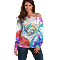 Happy Dot Day Off Shoulder Sweater Colorful Swirling Polka Dots and Whimsical Smiley Flowers