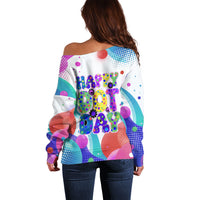 Happy Dot Day Off Shoulder Sweater Colorful Swirling Polka Dots and Whimsical Smiley Flowers