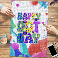 Happy Dot Day Puzzle Colorful Swirling Polka Dots and Whimsical Smiley Flowers