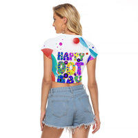 Happy Dot Day Raglan Cropped T Shirt Colorful Swirling Polka Dots and Whimsical Smiley Flowers