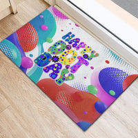 Happy Dot Day Rubber Doormat Colorful Swirling Polka Dots and Whimsical Smiley Flowers