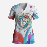 Happy Dot Day Scrub Top Colorful Swirling Polka Dots and Whimsical Smiley Flowers