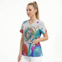 Happy Dot Day Scrub Top Colorful Swirling Polka Dots and Whimsical Smiley Flowers