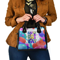 Happy Dot Day Shoulder Handbag Colorful Swirling Polka Dots and Whimsical Smiley Flowers