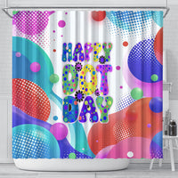 Happy Dot Day Shower Curtain Colorful Swirling Polka Dots and Whimsical Smiley Flowers