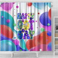 Happy Dot Day Shower Curtain Colorful Swirling Polka Dots and Whimsical Smiley Flowers