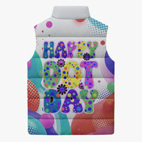 Happy Dot Day Sleeveless Puffer Jacket Colorful Swirling Polka Dots and Whimsical Smiley Flowers