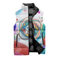 Happy Dot Day Sleeveless Puffer Jacket Colorful Swirling Polka Dots and Whimsical Smiley Flowers