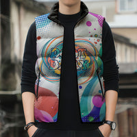 Happy Dot Day Sleeveless Puffer Jacket Colorful Swirling Polka Dots and Whimsical Smiley Flowers
