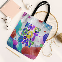 Happy Dot Day Tote Bag Colorful Swirling Polka Dots and Whimsical Smiley Flowers