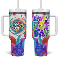 Happy Dot Day Tumbler With Handle Colorful Swirling Polka Dots and Whimsical Smiley Flowers