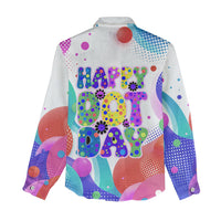 Happy Dot Day Women Casual Shirt Colorful Swirling Polka Dots and Whimsical Smiley Flowers