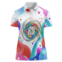 Happy Dot Day Women Polo Shirt Colorful Swirling Polka Dots and Whimsical Smiley Flowers