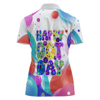 Happy Dot Day Women Polo Shirt Colorful Swirling Polka Dots and Whimsical Smiley Flowers