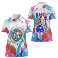 Happy Dot Day Women Polo Shirt Colorful Swirling Polka Dots and Whimsical Smiley Flowers