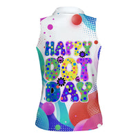 Happy Dot Day Women Sleeveless Polo Shirt Colorful Swirling Polka Dots and Whimsical Smiley Flowers
