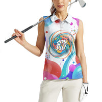 Happy Dot Day Women Sleeveless Polo Shirt Colorful Swirling Polka Dots and Whimsical Smiley Flowers