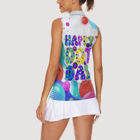 Happy Dot Day Women Sleeveless Polo Shirt Colorful Swirling Polka Dots and Whimsical Smiley Flowers