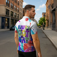 Happy Dot Day Zipper Polo Shirt Colorful Swirling Polka Dots and Whimsical Smiley Flowers