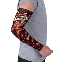 International Bacon Day Arm Sleeves Retro Bacon Pattern With Sizzling Skillet Graphic