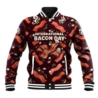 International Bacon Day Baseball Jacket Retro Bacon Pattern With Sizzling Skillet Graphic