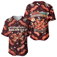 International Bacon Day Baseball Jersey Retro Bacon Pattern With Sizzling Skillet Graphic