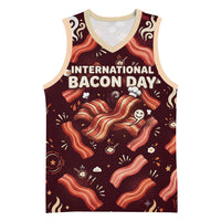 International Bacon Day Basketball Jersey Retro Bacon Pattern With Sizzling Skillet Graphic