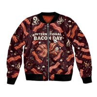 International Bacon Day Bomber Jacket Retro Bacon Pattern With Sizzling Skillet Graphic