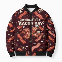 International Bacon Day Bomber Puffer Jacket Retro Bacon Pattern With Sizzling Skillet Graphic