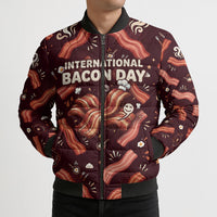 International Bacon Day Bomber Puffer Jacket Retro Bacon Pattern With Sizzling Skillet Graphic