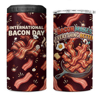 International Bacon Day 4 in 1 Can Cooler Tumbler Retro Bacon Pattern With Sizzling Skillet Graphic