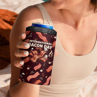 International Bacon Day 4 in 1 Can Cooler Tumbler Retro Bacon Pattern With Sizzling Skillet Graphic