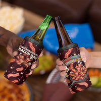 International Bacon Day 4 in 1 Can Cooler Tumbler Retro Bacon Pattern With Sizzling Skillet Graphic