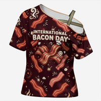 International Bacon Day Cross Shoulder Shirt Retro Bacon Pattern With Sizzling Skillet Graphic